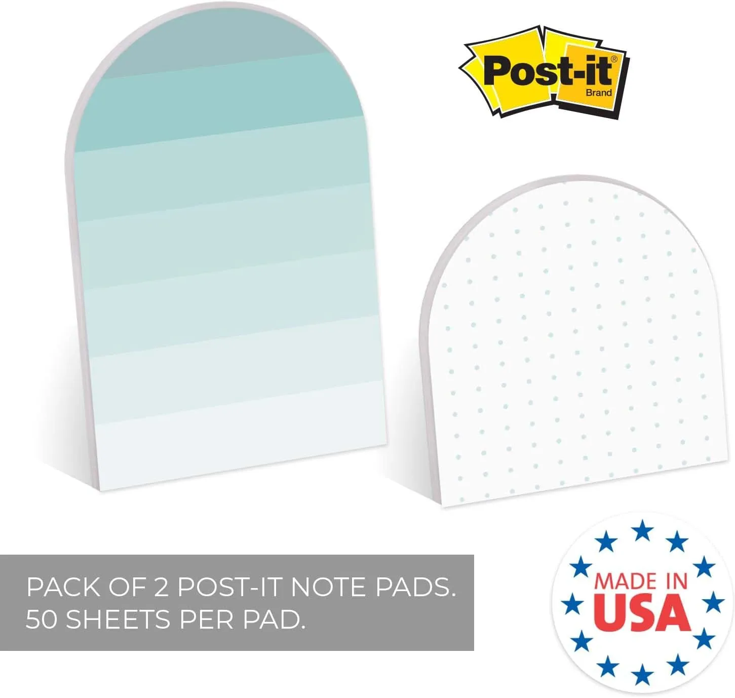 Modern Blue U Shaped Sticky Note Pad Assortment/Set of 2 Rounded Flat Top Stacked Note Pads/Trendy Turquoise Sticky Notes / 50 Sheets Per Pad/Made in USA