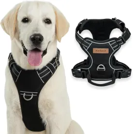 No Pull Dog Harness with Reflective Safety Strips, Adjustable Soft Padded, 3 Buckles, 2 Leash Clips, Oxford No Choke Pet Vest with Easy Control Handle for Large Dogs, Black, L
