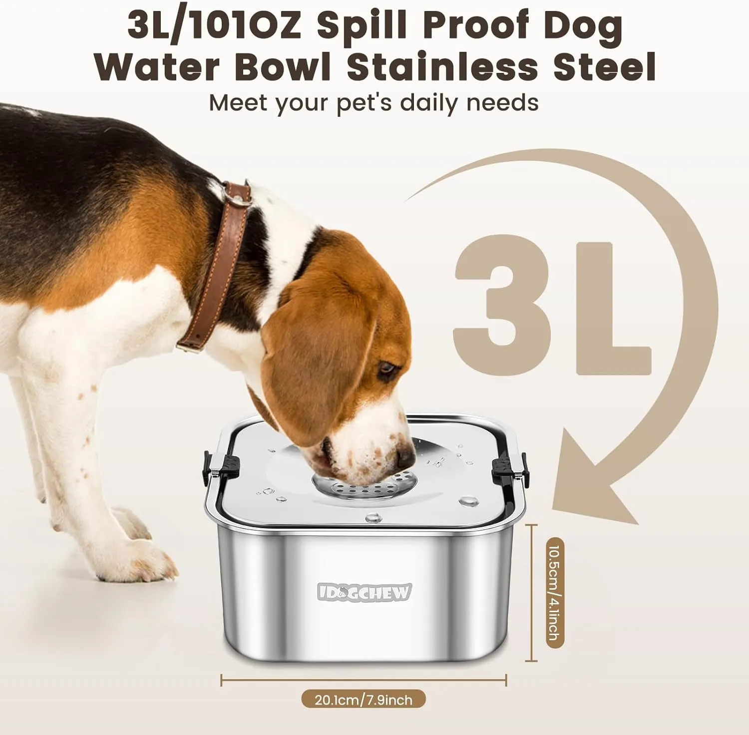No Spill Water Bowl for Dogs 3L 101oz, Spill Proof Dog Water Bowl Stainless Steel for Large Medium Dogs, No Splash Dog Water Bowl with Non Slip Base