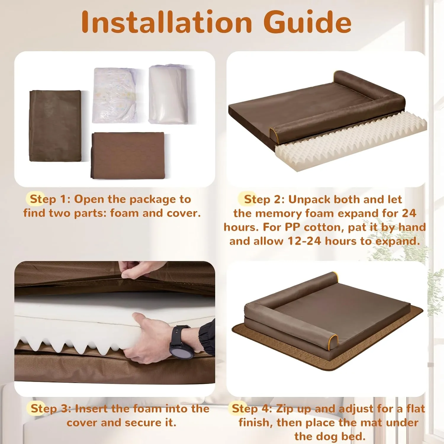Orthopedic Dog Bed Medium Size Dog,Waterproof Chew-Proof with Memory Foam Pet Bed,Washable Removable Cover Pet Bed,Dust-Proof,Non-Slip Mat,Brown