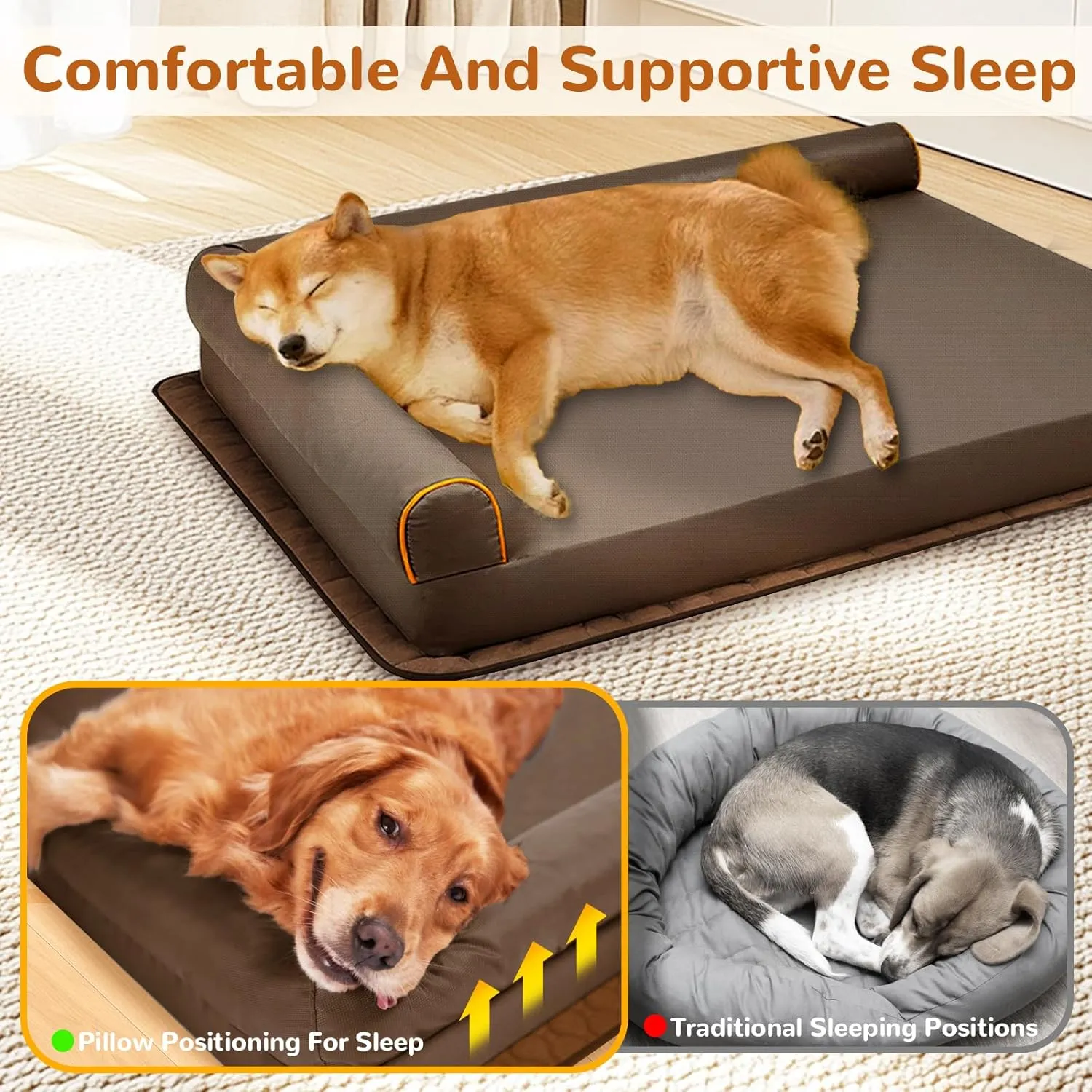 Orthopedic Dog Bed Medium Size Dog,Waterproof Chew-Proof with Memory Foam Pet Bed,Washable Removable Cover Pet Bed,Dust-Proof,Non-Slip Mat,Brown