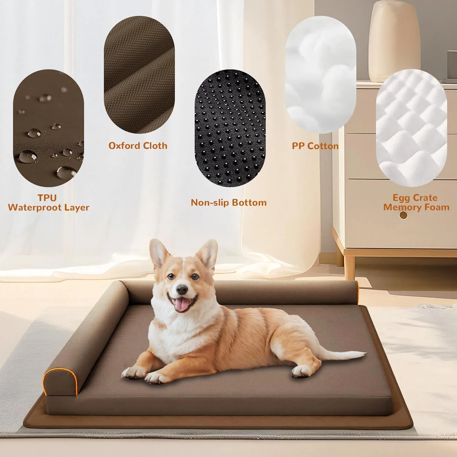 Orthopedic Dog Bed Medium Size Dog,Waterproof Chew-Proof with Memory Foam Pet Bed,Washable Removable Cover Pet Bed,Dust-Proof,Non-Slip Mat,Brown