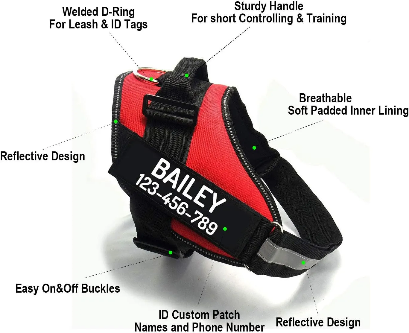 PawPawify Custom No Pull Dog Harness with Name and Phone Number, Heavy Duty Personalized Pet Vest to Prevent Tugging, Pulling, or Choking, Training and Walking (Green, XS (5-9LBS))