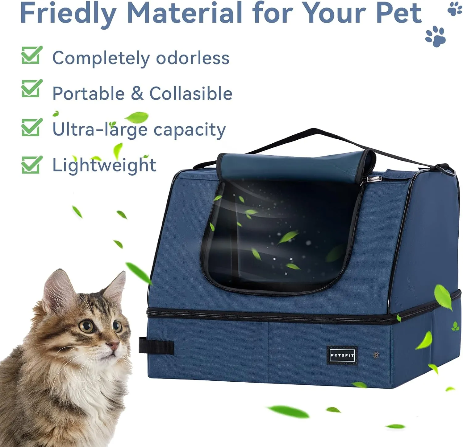 PETSFIT Travel Litter Box for Cats - Removable 2-Layer Leak-Proof Lining, Scratch-Resistant Fabric with Sturdy Support Frame, Cat Collapsible & Travel Litter Box Blue
