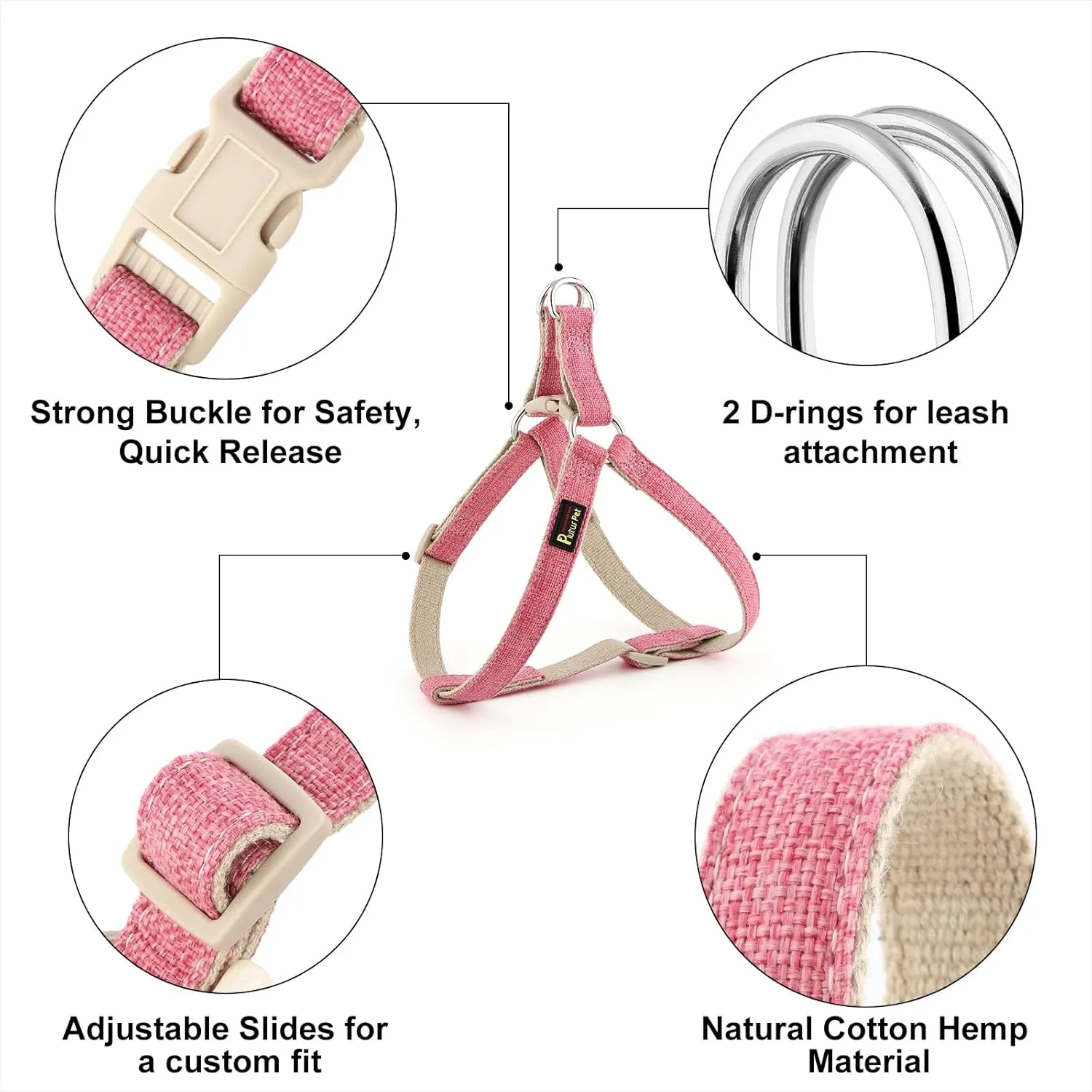 Plutus Pet Cotton Hemp Step in Dog Harness, Sustainable, Lightweight and Escape-Proof, Quick Fit Dog Harness for Puppy Small Medium and Large Dogs, Hot Pink, M