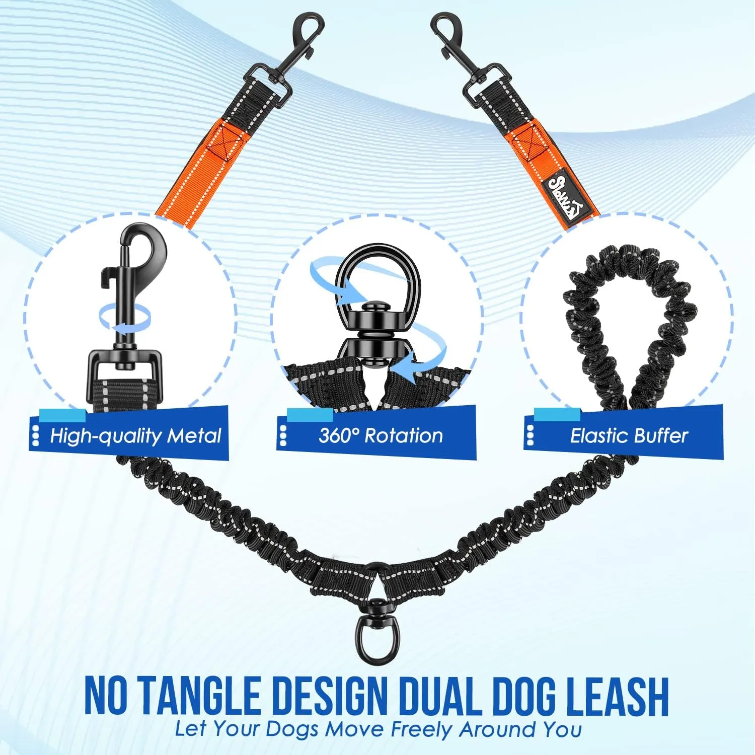 SlowTon Double Leash for Two Dogs - No Tangle Dog Leash 360 Swivel Reflective Double Dog Leashes with Two Padded Handles, Shock Absorbing Walking Training for Small Medium Dogs(Orange, 25-150 lbs)