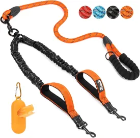 SlowTon Double Leash for Two Dogs - No Tangle Dog Leash 360 Swivel Reflective Double Dog Leashes with Two Padded Handles, Shock Absorbing Walking Training for Small Medium Dogs(Orange, 25-150 lbs)