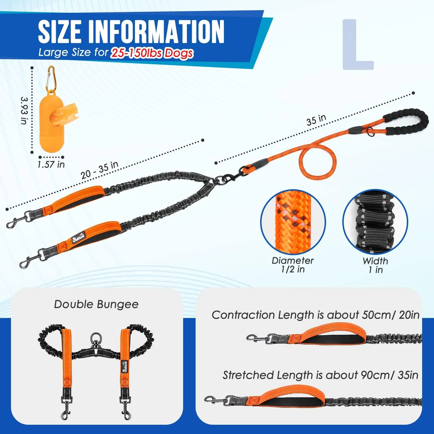 SlowTon Double Leash for Two Dogs - No Tangle Dog Leash 360 Swivel Reflective Double Dog Leashes with Two Padded Handles, Shock Absorbing Walking Training for Small Medium Dogs(Orange, 25-150 lbs)