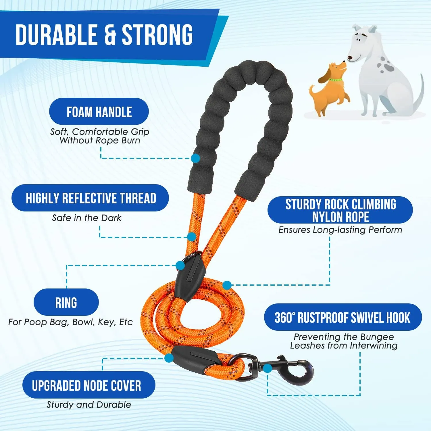 SlowTon Double Leash for Two Dogs - No Tangle Dog Leash 360 Swivel Reflective Double Dog Leashes with Two Padded Handles, Shock Absorbing Walking Training for Small Medium Dogs(Orange, 25-150 lbs)