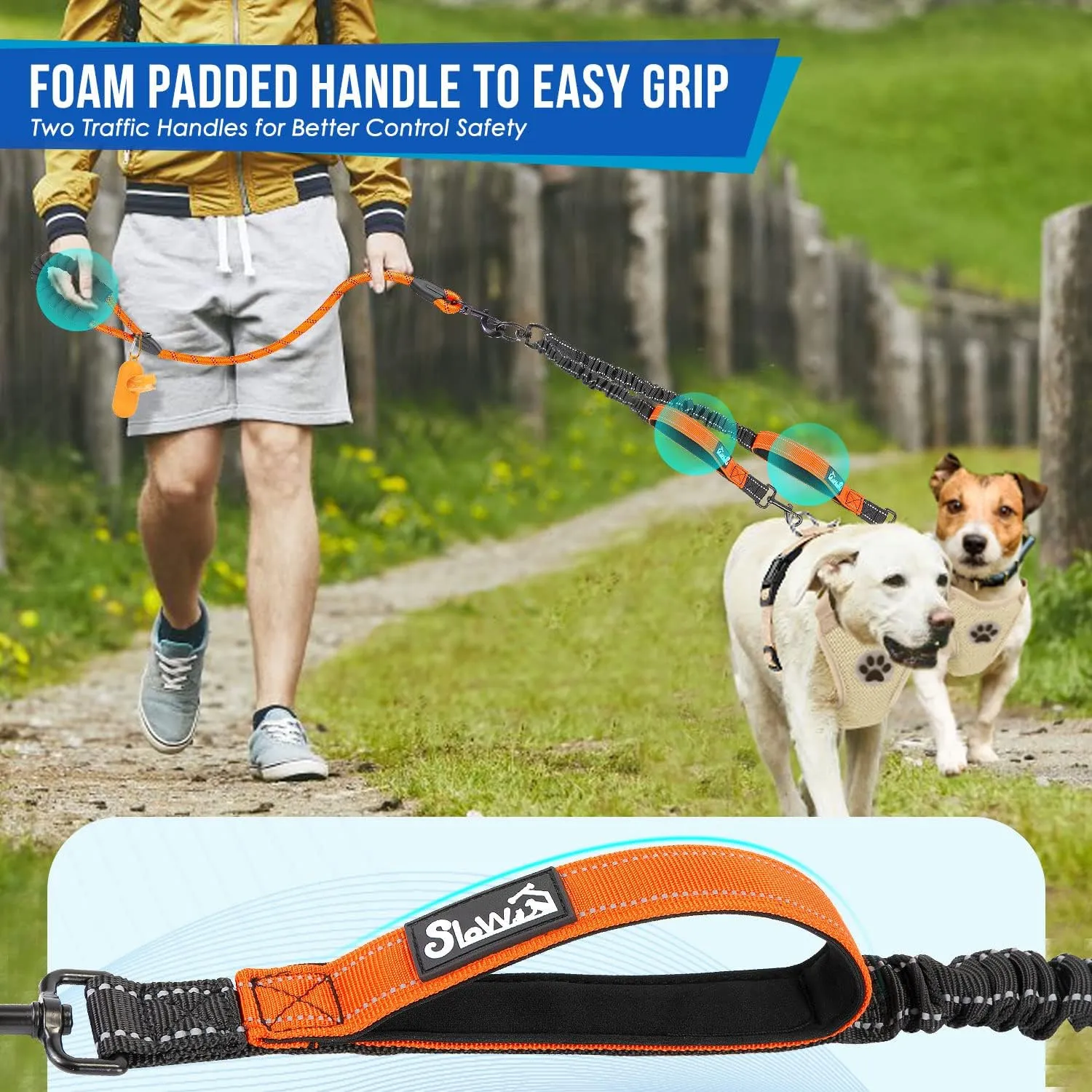 SlowTon Double Leash for Two Dogs - No Tangle Dog Leash 360 Swivel Reflective Double Dog Leashes with Two Padded Handles, Shock Absorbing Walking Training for Small Medium Dogs(Orange, 25-150 lbs)