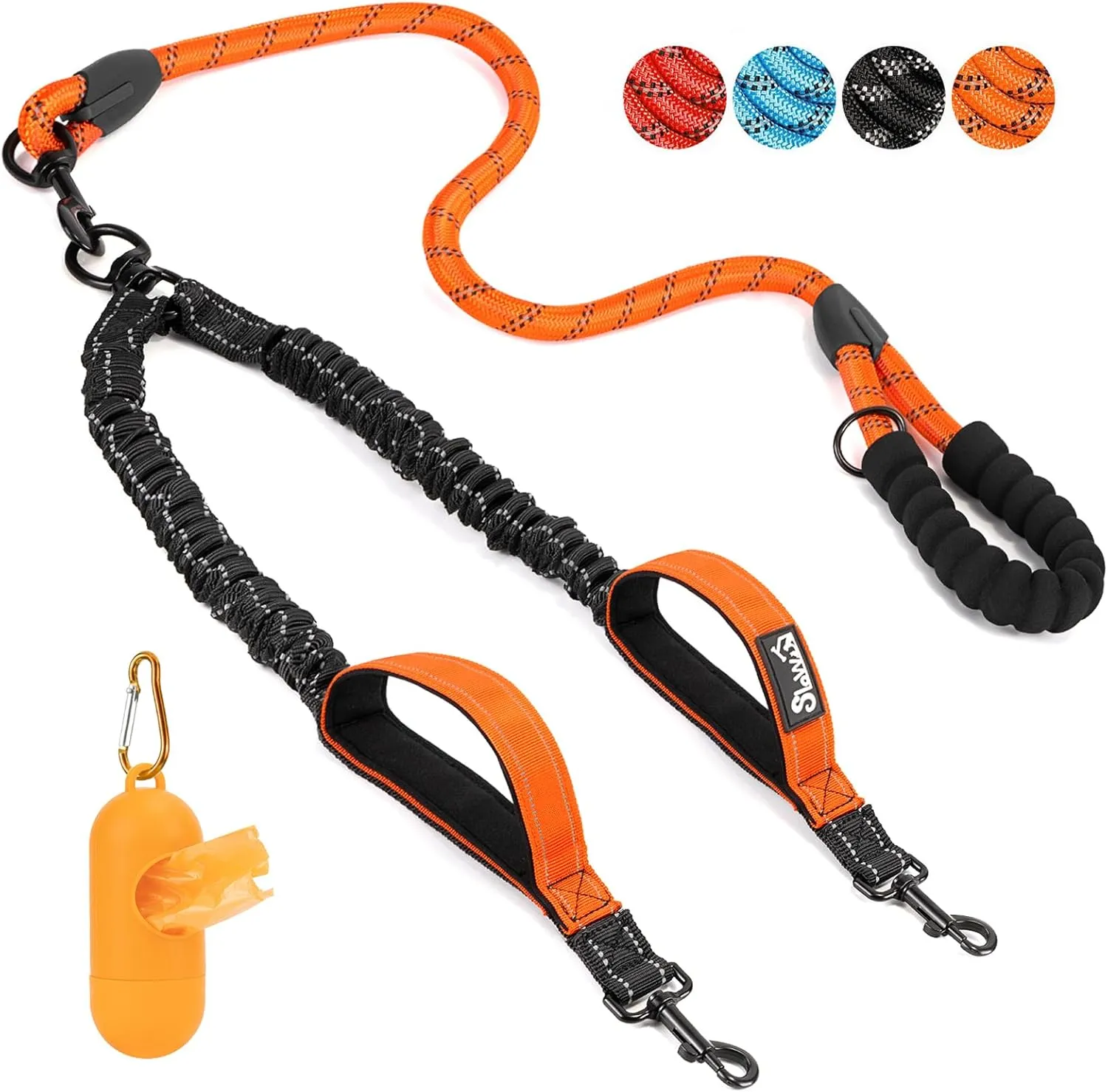 SlowTon Double Leash for Two Dogs - No Tangle Dog Leash 360 Swivel Reflective Double Dog Leashes with Two Padded Handles, Shock Absorbing Walking Training for Small Medium Dogs(Orange, 25-150 lbs)