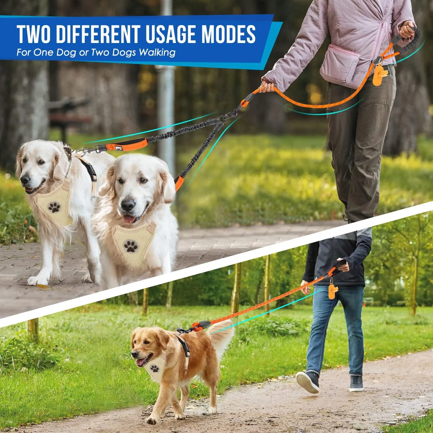 SlowTon Double Leash for Two Dogs - No Tangle Dog Leash 360 Swivel Reflective Double Dog Leashes with Two Padded Handles, Shock Absorbing Walking Training for Small Medium Dogs(Orange, 25-150 lbs)