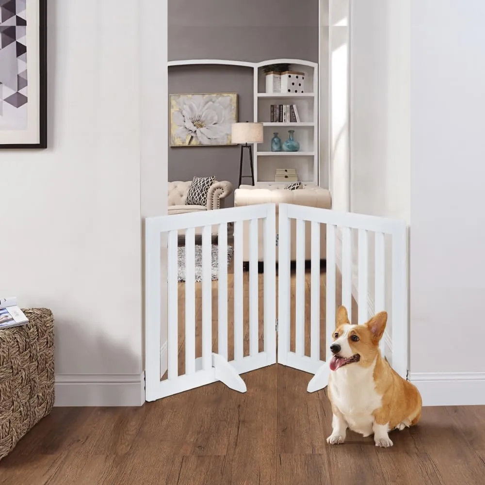 unipaws 24H Free Standing Pet Gate for Dog Cat, Wooden Dog Gates for Doorway, Stairs, Step Over Foldable Pet Fence for The House, Expandable Doggy Barrier, Indoor Use, White