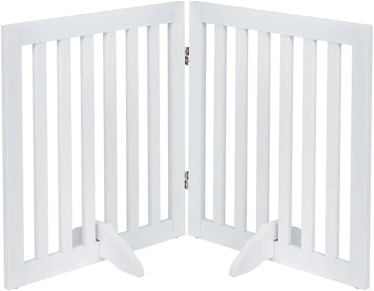 unipaws 24H Free Standing Pet Gate for Dog Cat, Wooden Dog Gates for Doorway, Stairs, Step Over Foldable Pet Fence for The House, Expandable Doggy Barrier, Indoor Use, White