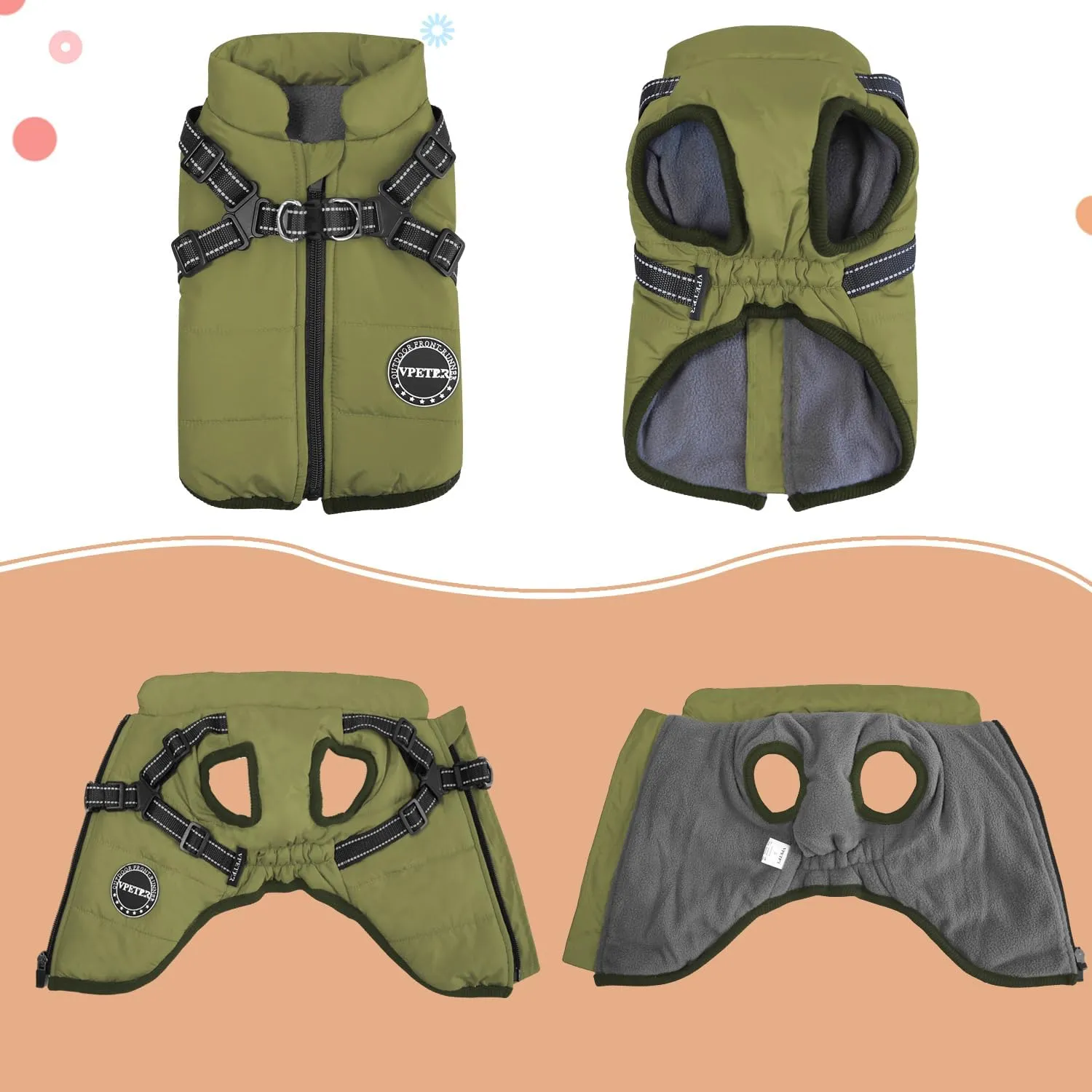 V.PET Warm Winter Dog Coat with Padded Fleece & Built-in Harness, Waterproof, Reflective, Cozy Snow Jacket for Small Dogs