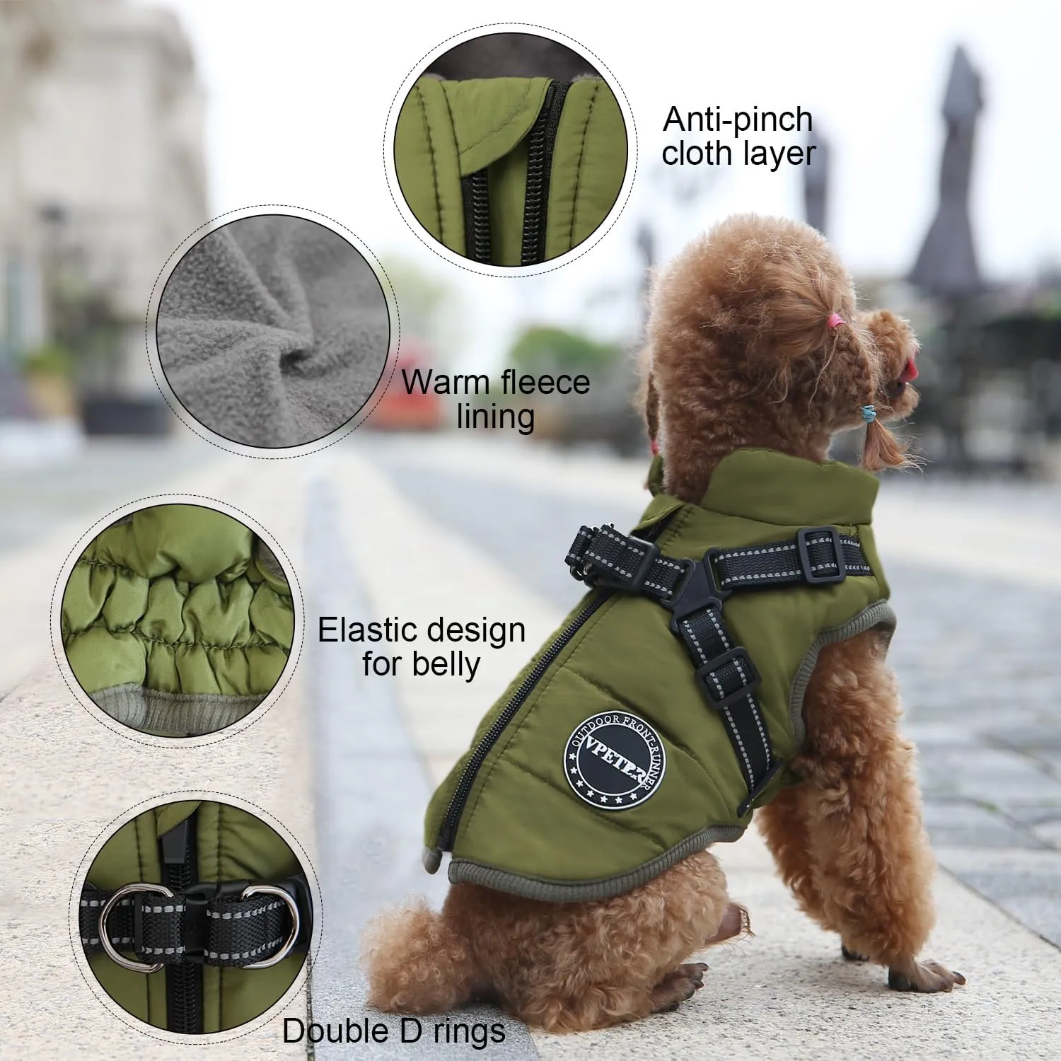 V.PET Warm Winter Dog Coat with Padded Fleece & Built-in Harness, Waterproof, Reflective, Cozy Snow Jacket for Small Dogs